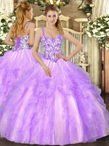 Flare Lavender Straps Lace Up Beading and Appliques and Ruffles Quince Ball Gowns Sleeveless
