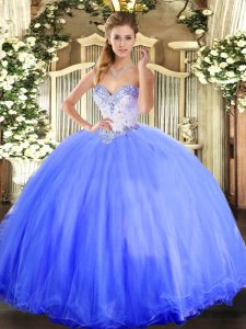 Spectacular Tulle Sweetheart Sleeveless Lace Up Beading Quinceanera Dresses in Blue