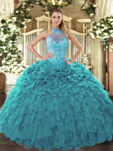 Chic Teal Lace Up 15 Quinceanera Dress Beading and Embroidery and Ruffles Sleeveless Floor Length
