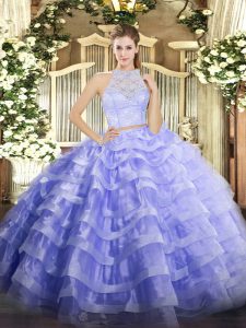 Floor Length Zipper Sweet 16 Quinceanera Dress Lavender for Military Ball and Sweet 16 and Quinceanera with Lace and Ruffled Layers