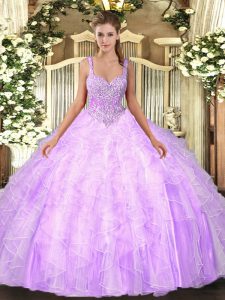 Attractive Lilac Ball Gowns Straps Sleeveless Tulle Floor Length Lace Up Beading and Ruffles Sweet 16 Dress