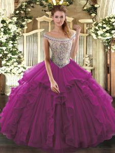Best Selling Floor Length Lace Up Party Dress Fuchsia for Sweet 16 and Quinceanera with Beading and Ruffles
