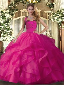 Glorious Hot Pink Halter Top Lace Up Ruffles Sweet 16 Dress Sleeveless
