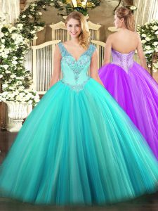 Custom Fit Sleeveless Tulle Floor Length Lace Up 15 Quinceanera Dress in Aqua Blue with Beading