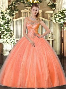 Wonderful Orange Red Ball Gowns Tulle Scoop Sleeveless Beading Floor Length Lace Up Quinceanera Dress