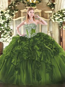 Gorgeous Olive Green Sleeveless Floor Length Beading and Ruffles Lace Up Sweet 16 Dress