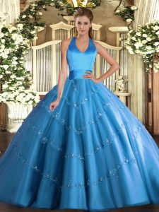 Baby Blue Halter Top Neckline Appliques Military Ball Dresses For Women Sleeveless Lace Up