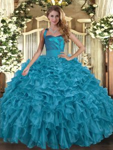Chic Teal Halter Top Lace Up Ruffles Quinceanera Gown Sleeveless
