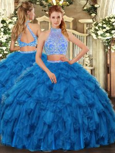 Sumptuous Blue Halter Top Criss Cross Beading and Ruffles Quinceanera Gown Sleeveless