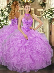 Deluxe Halter Top Sleeveless Lace Up Quinceanera Dresses Lavender Organza