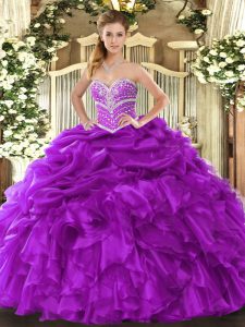 Pretty Beading and Ruffles and Pick Ups Quinceanera Gown Purple Lace Up Sleeveless Floor Length