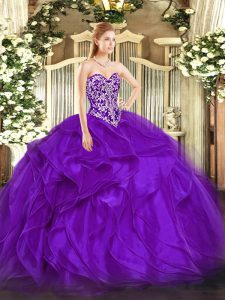 Glittering Sleeveless Organza Floor Length Lace Up Womens Party Dresses in Purple with Beading and Ruffles