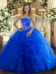 Ball Gowns Quinceanera Gowns Blue Strapless Tulle Sleeveless Floor Length Lace Up