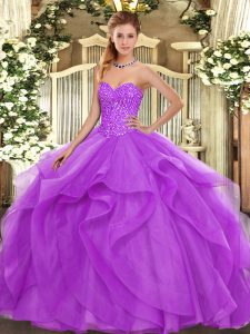 Suitable Lilac Ball Gowns Sweetheart Sleeveless Tulle Floor Length Lace Up Beading and Ruffles Sweet 16 Quinceanera Dress