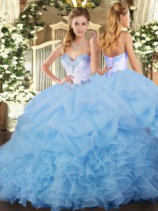 Blue Organza Lace Up Ball Gown Prom Dress Sleeveless Beading and Ruffles and Pick Ups