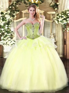 Artistic Light Yellow Sleeveless Floor Length Beading Lace Up Ball Gown Prom Dress