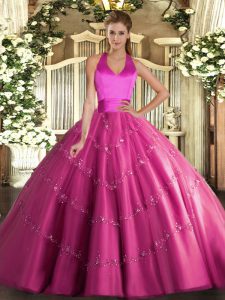 On Sale Hot Pink Tulle Lace Up Halter Top Sleeveless Floor Length Quinceanera Gowns Appliques