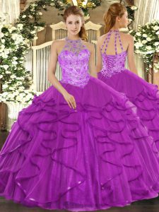 Halter Top Sleeveless Organza Quinceanera Gowns Beading and Ruffles Lace Up