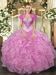Rose Pink Sleeveless Beading and Ruffles Floor Length Quinceanera Gowns