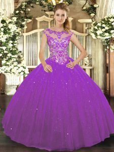 Ideal Ball Gowns Sweet 16 Dress Eggplant Purple Scoop Tulle Sleeveless Floor Length Lace Up