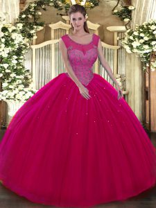 Tulle Scoop Sleeveless Backless Beading 15th Birthday Dress in Hot Pink