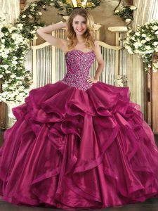 Clearance Wine Red Organza Lace Up Sweetheart Sleeveless Floor Length Sweet 16 Quinceanera Dress Beading and Ruffles