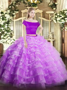 Fancy Lilac Short Sleeves Appliques and Ruffled Layers Floor Length 15 Quinceanera Dress