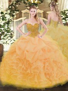 Luxurious Gold Sweetheart Lace Up Beading and Ruffles Quince Ball Gowns Sleeveless