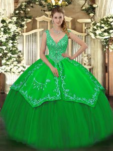 Stunning V-neck Sleeveless Taffeta and Tulle Quinceanera Gown Beading and Embroidery Zipper