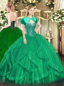 Elegant Sweetheart Sleeveless Sweet 16 Dresses Floor Length Beading and Ruffles Turquoise Tulle