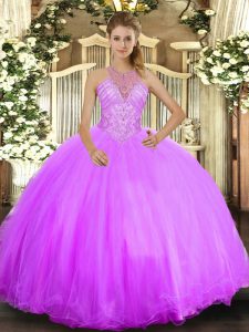 Shining Lilac Lace Up Ball Gown Prom Dress Beading Sleeveless Floor Length