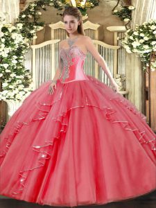 Exceptional Floor Length Coral Red 15 Quinceanera Dress Tulle Sleeveless Beading and Ruffles