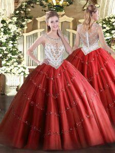 Red Scoop Zipper Beading and Appliques Sweet 16 Dress Sleeveless