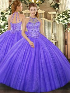 Fancy Lavender Tulle Lace Up Sweet 16 Dress Sleeveless Floor Length Beading and Embroidery