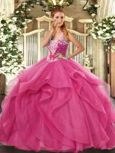 Artistic Floor Length Hot Pink Sweet 16 Dress Tulle Sleeveless Beading and Ruffles