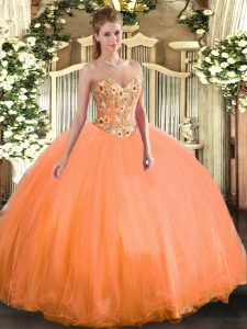 Orange Ball Gowns Tulle Sweetheart Sleeveless Embroidery Floor Length Lace Up Quinceanera Dresses