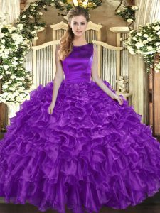 Fantastic Eggplant Purple Ball Gowns Ruffles Ball Gown Prom Dress Lace Up Organza Sleeveless Floor Length
