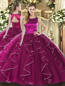 Glamorous Fuchsia Sleeveless Floor Length Ruffles Lace Up Sweet 16 Dress