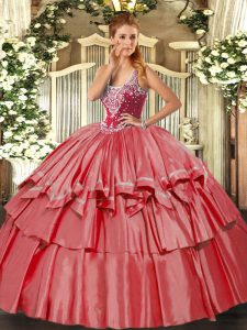 Shining Straps Sleeveless Lace Up Quinceanera Dress Coral Red Organza and Taffeta