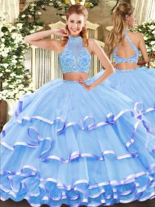 Aqua Blue Criss Cross Halter Top Beading and Ruffled Layers Quinceanera Gowns Tulle Sleeveless