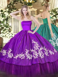 Glittering Purple Ball Gowns Organza and Taffeta Strapless Sleeveless Embroidery Floor Length Zipper 15 Quinceanera Dress