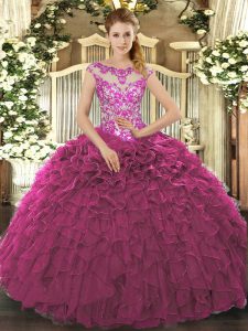 Modern Floor Length Lace Up Quinceanera Gowns Fuchsia for Sweet 16 and Quinceanera with Beading and Appliques and Ruffles