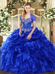 Organza Sweetheart Sleeveless Lace Up Beading and Ruffles and Pick Ups Ball Gown Prom Dress in Royal Blue