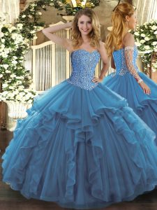 Spectacular Teal Quinceanera Dresses Military Ball and Sweet 16 and Quinceanera with Beading and Ruffles Sweetheart Sleeveless Lace Up
