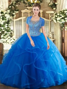 Classical Scoop Sleeveless Quinceanera Gowns Floor Length Beading and Ruffles Royal Blue Tulle