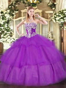 Captivating Tulle Strapless Sleeveless Lace Up Beading and Ruffled Layers Vestidos de Quinceanera in Purple