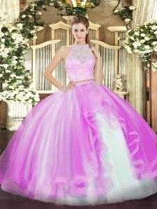 Pretty Scoop Sleeveless Quinceanera Dresses Floor Length Lace and Ruffles Lilac Tulle