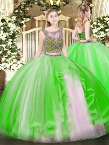 Shining Two Pieces Beading and Ruffles Military Ball Gown Lace Up Tulle Sleeveless Floor Length