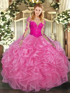 Rose Pink Ball Gowns Scoop Long Sleeves Organza Floor Length Lace Up Lace and Ruffles Sweet 16 Dress