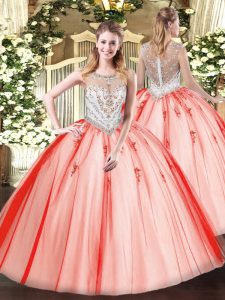 Coral Red Sleeveless Floor Length Beading and Appliques Zipper Sweet 16 Dresses